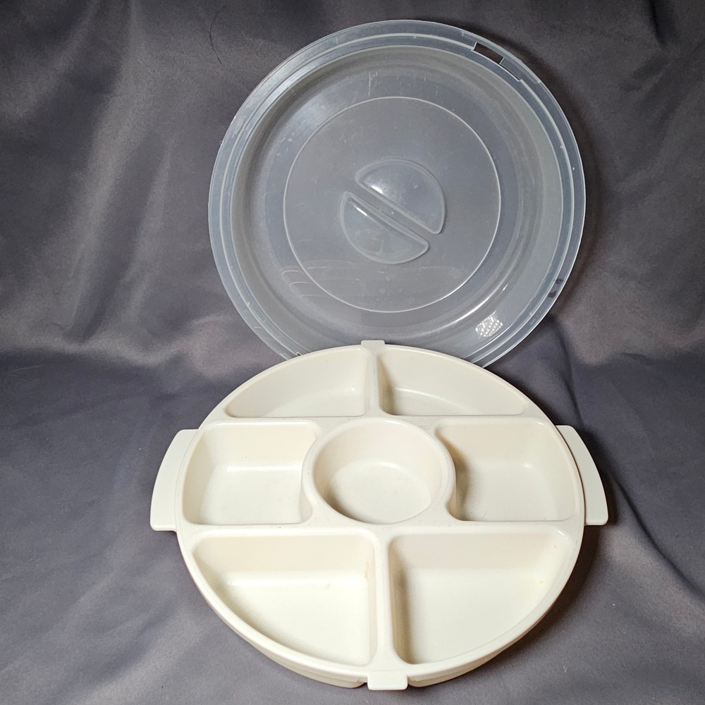 Vintage Rubbermaid Servin Saver Veggie Tray Round‎ Almond 7 Compartment Lid 0259